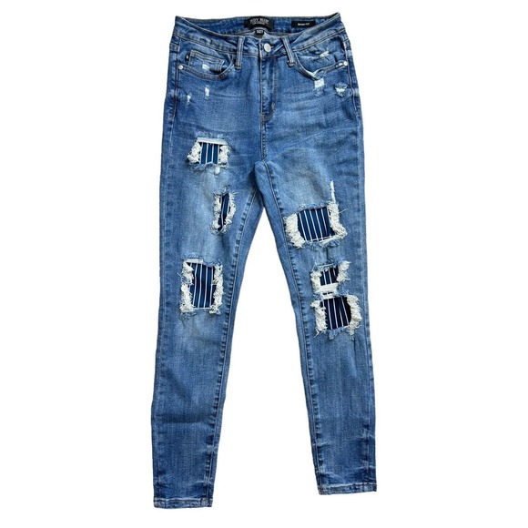 Judy Blue Size 5 / 27 Skinny Fit Distressed Jeans Navy Stripe Patches Med Wash